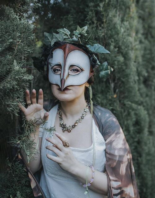Barn Owl Leather Mask Fairy Leaf Maple autumn natural wiccan masquerade Fairycore Goblincore