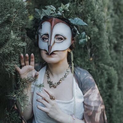 Máscara de cuero de lechuza hoja de hadas arce otoño natural wiccan mascarada Fairycore Goblincore