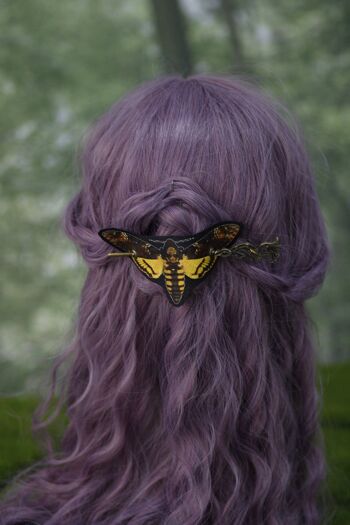 Death's Head Moth Broche para el cabello marrón amarillo Cuero vegano__ 4