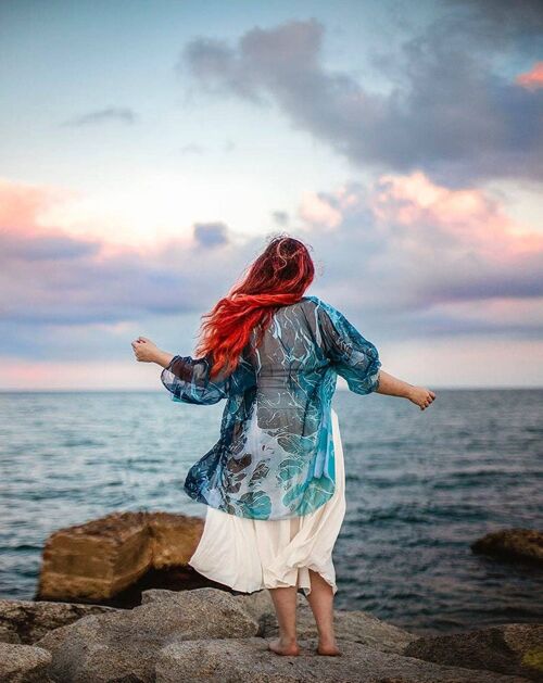 Kimono Robe chiffon Blue Ocean Waves Mermaidcore Cardigan Beach cover up Bohemian festival Oversized kimono Summer boho jacket clothing