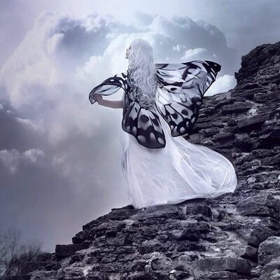 Capa de fantasía de mariposa en blanco y negro monarca capa de gasa de seda vegana traje de alas de baile corto novia pequeña boda gótica lolita