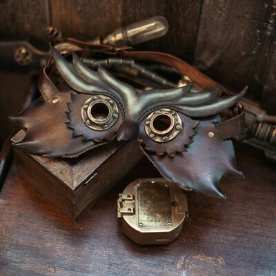Owl leather Mask steampunk style masquerade Steampunk Mask leather armor diesel punk wasteland burning man protect Dystopian armor larp