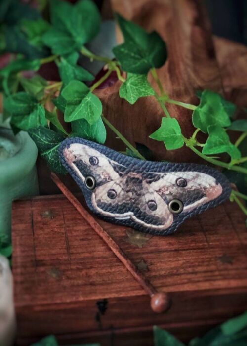 Emperor Moth Hair Barrette in Vegan Leather Autumn design whimsical accessory head piece woodland cottagecore
