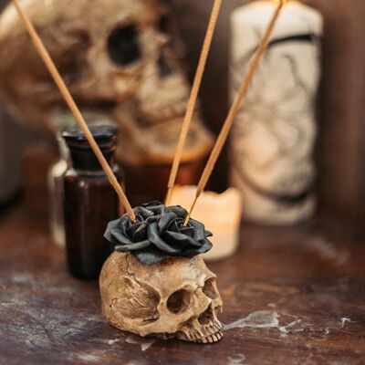 Crâne humain porte-encens baroque brûleur décoration roses noires brocart résine Halloween décor