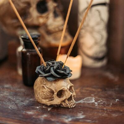 Human Skull Incense Holder baroque burner decoration black roses brocade resin Halloween decor