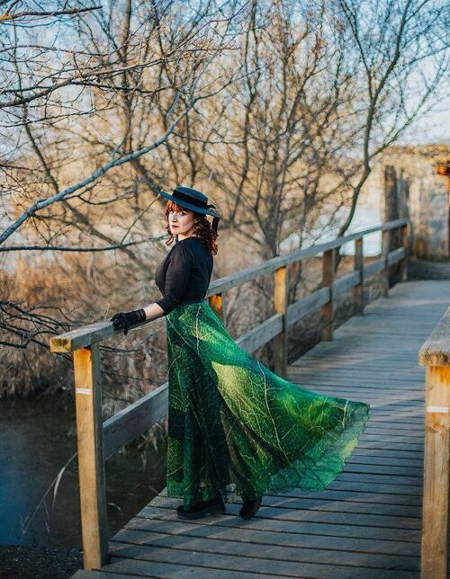 Green leaf Maxi Skirt, Long Skirt Fairy Fantasy, Dark, Monarch nature orange costume dance boho summer fashion