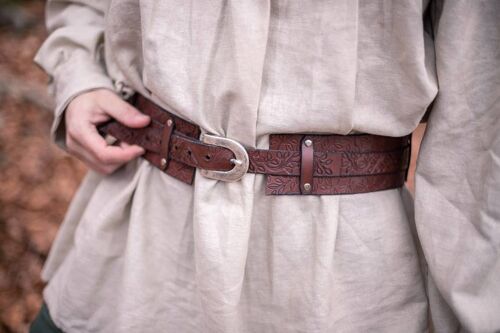 Elf leather belt with leaves in brown, LARP druid elven bet adjustable
