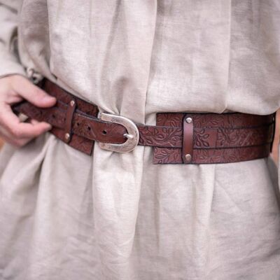 Cinturón de piel de elfo con hojas en marrón, LARP druid elven bet ajustable