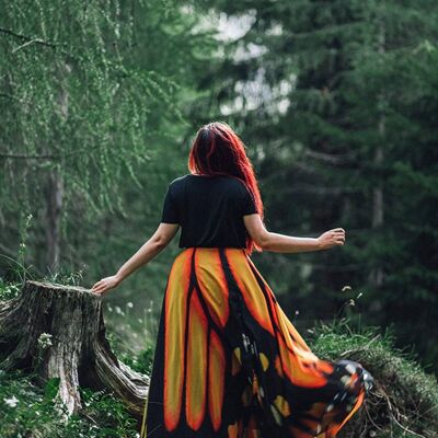 Falda maxi mariposa, falda larga hada fantasía, oscuro, monarca naturaleza naranja traje baile boho verano moda
