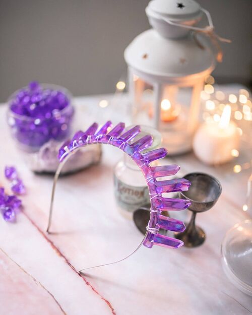 Crystal Quartz Resin Crown Tiara - Amethyst Magical Headpiece with pressed flowers clear resin crystals and moon