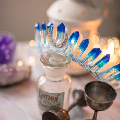Diadema corona in resina di quarzo cristallo - Copricapo magico marino con fiori pressati, cristalli di resina trasparente e luna
