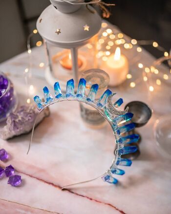 Diadème de couronne en résine de Quartz cristal - Casque magique marin avec fleurs pressées cristaux de résine claire et lune 2
