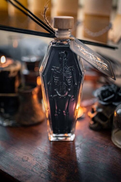 Coffin reed diffuser - home decor - halloween aroma - skull glass bottle