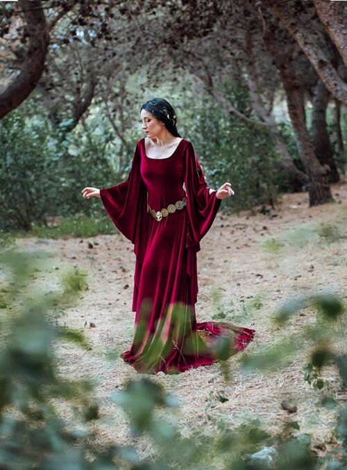 Burgundy red velvet elven celtic dress medieval fae costume__