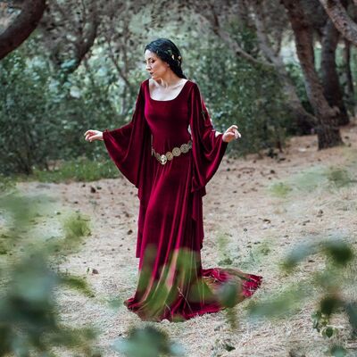 Robe celtique elfique en velours rouge bordeaux Costume de fae médiéval __