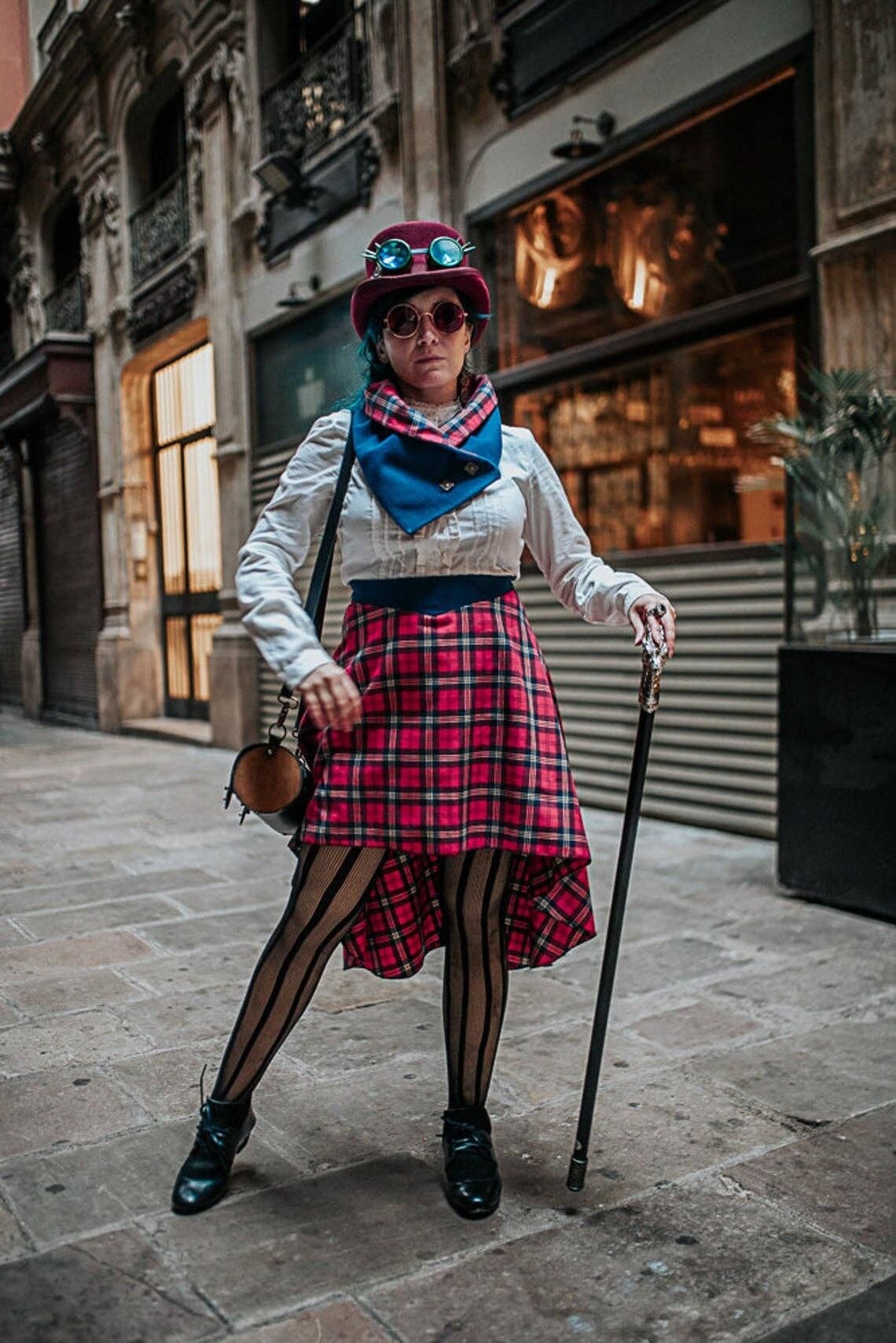 Rot Blau Schottenrock Steampunk Viktorianisch Retro dunkel__