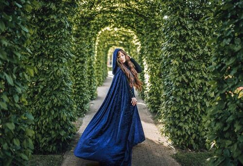 Dark Blue Elven Burnout velvet hooded long fairy cloak__