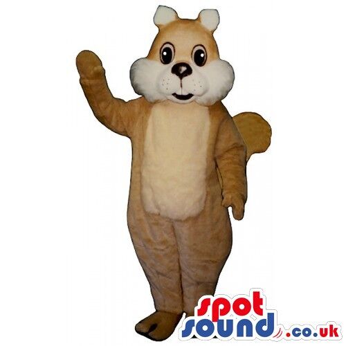 Puppy spotsound Mascot Costume in black, white and brown with it's tongue out .