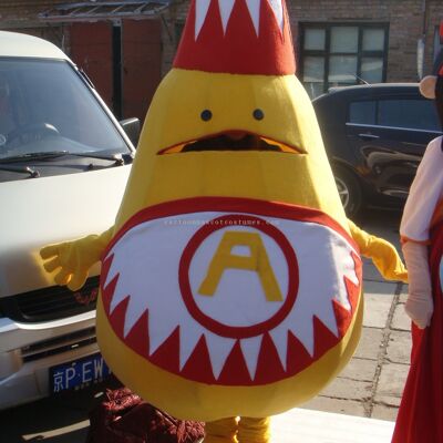 Man spotsound Mascot Costume with horn cap and woman spotsound Mascot Costume with yellow hair .