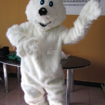 Brown-white dog spotsound Mascot Costume with long ears and waving his hand .