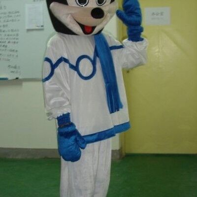 Teddy spotsound Mascot Costume with red t-shirt,blue cap and bunny teeth .