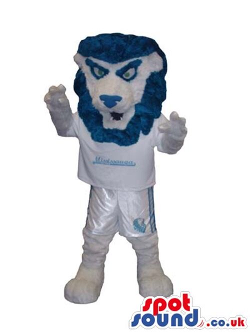 Blue spotsound Mascot Costume in cute smile looking at us with red in head .