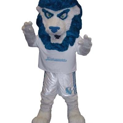 Blue spotsound Mascot Costume in cute smile looking at us with red in head .