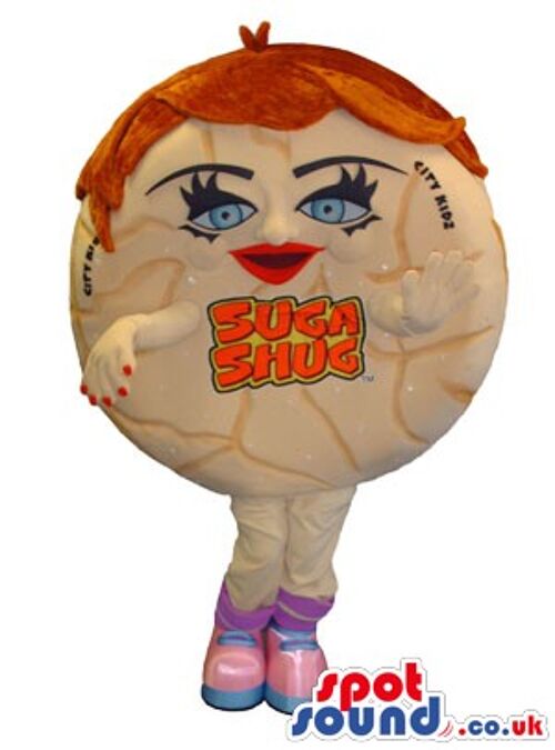 Brown spotsound Mascot Costume in cute smile looking at us with red in head .