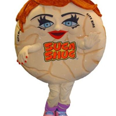 Brown spotsound Mascot Costume in cute smile looking at us with red in head .