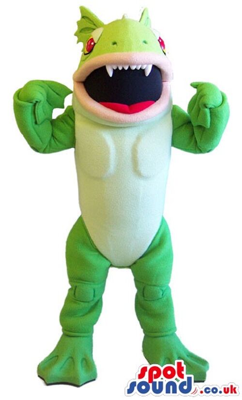 Frog spotsound Mascot Costume with a red half coat and a flower in it .