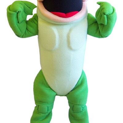 Frog spotsound Mascot Costume with a red half coat and a flower in it .