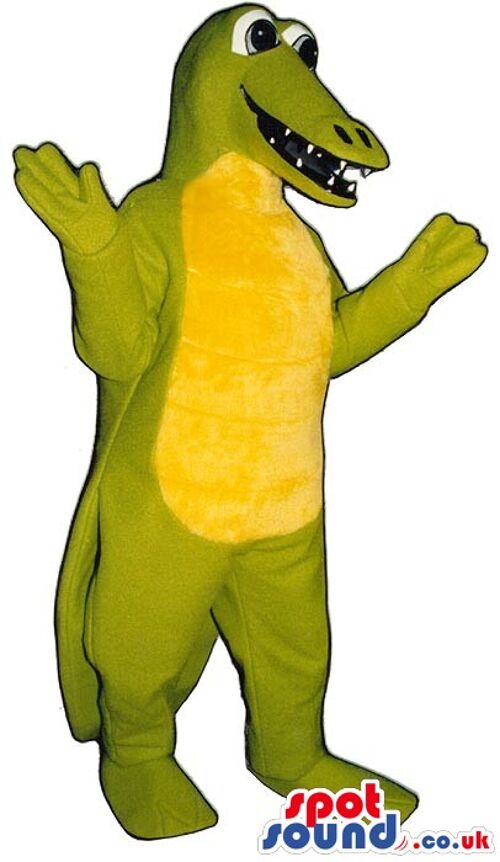 Green and yellow dinosaur spotsound Mascot Costume with open mouth laughing .
