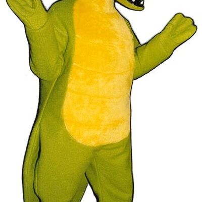 Green and yellow dinosaur spotsound Mascot Costume with open mouth laughing .