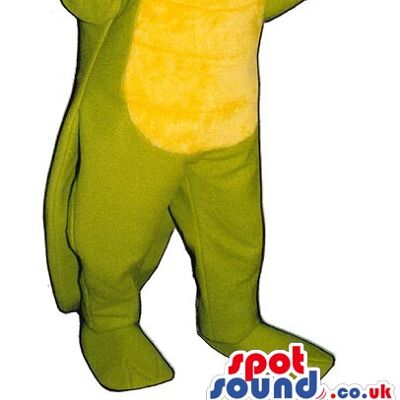 Green and yellow dinosaur spotsound Mascot Costume with open mouth laughing .