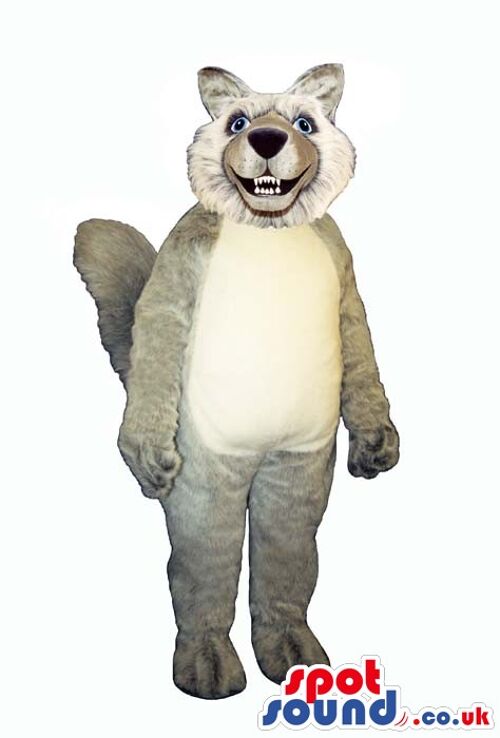Puppy spotsound Mascot Costume in black,white and brown with it's tongue out .