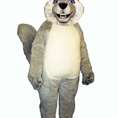 Puppy spotsound Mascot Costume in black,white and brown with it's tongue out .