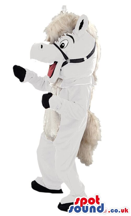 Black and white cow spotsound Mascot Costume standing and opening his mouth .