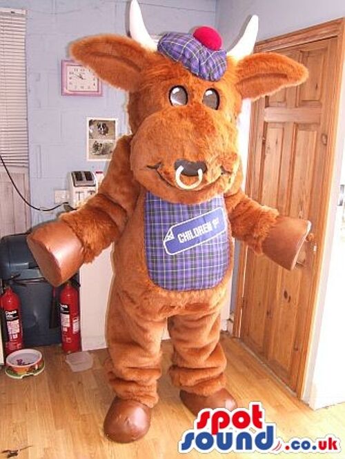 Brown dog spotsound Mascot Costume with opened mouth and waving his hand .