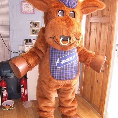 Brown dog spotsound Mascot Costume with opened mouth and waving his hand .