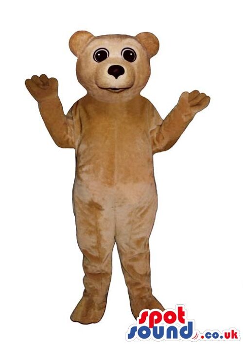 Big brown fluffy bear spotsound Mascot Costume with smiling yellow face .