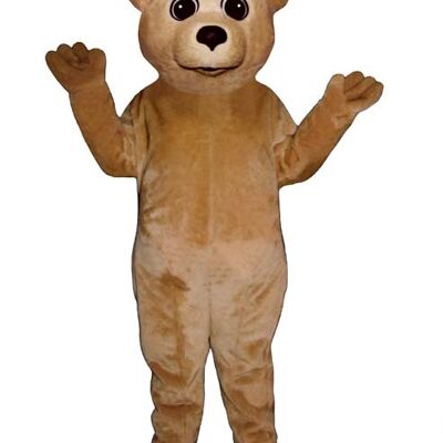 Big brown fluffy bear spotsound Mascot Costume with smiling yellow face .