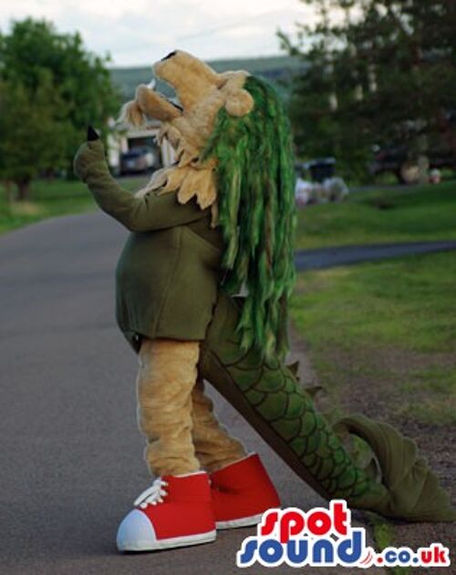 Wolf spotsound Mascot Costume with blue top hat and huge tongue hanging out .