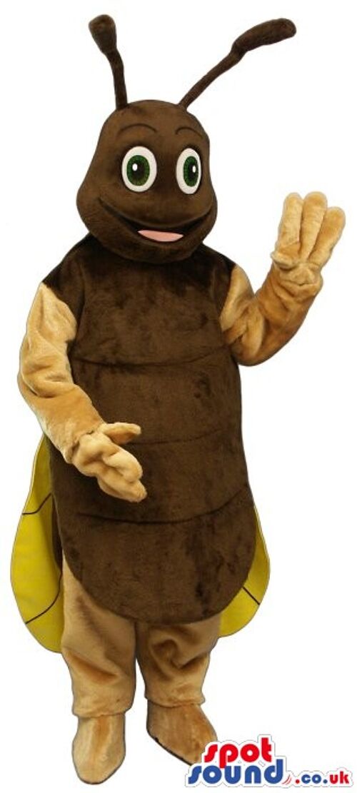 Delighted brown ant spotsound Mascot Costume with big round yellow eyes .