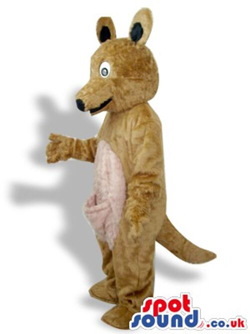 Grey smiling rabbit spotsound Mascot Costume with white underbelly and toes .