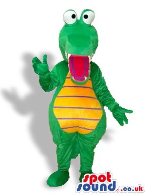 Green roaring dinosaur with yellow eyes and sharp teeth .