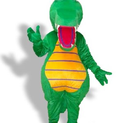 Green roaring dinosaur with yellow eyes and sharp teeth .