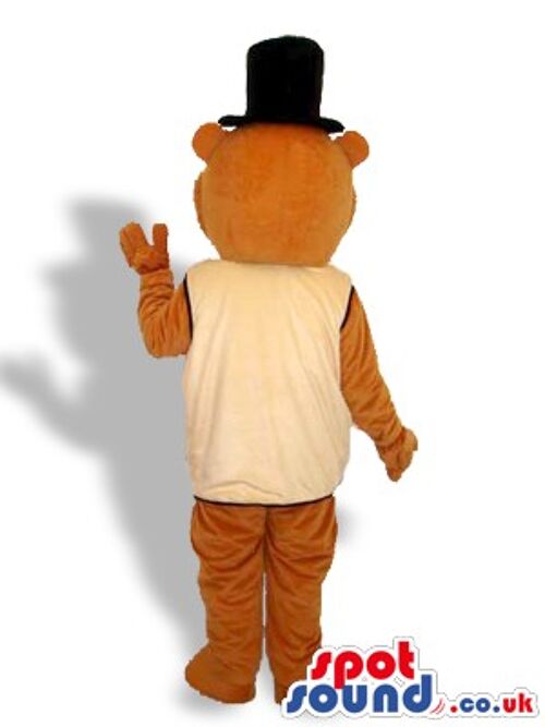 White bunny spotsound Mascot Costume with a black hat and funny face .