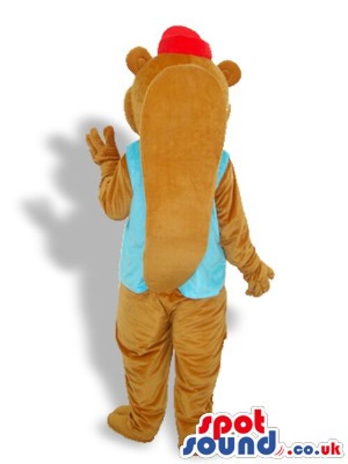 Brown teddy spotsound Mascot Costume with big red nose and big smile .
