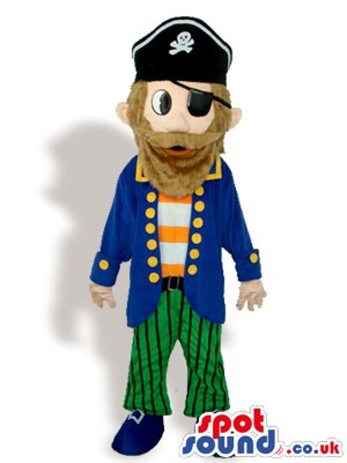 Fireman spotsound Mascot Costume with blue jacket, hat and yellow trousers .