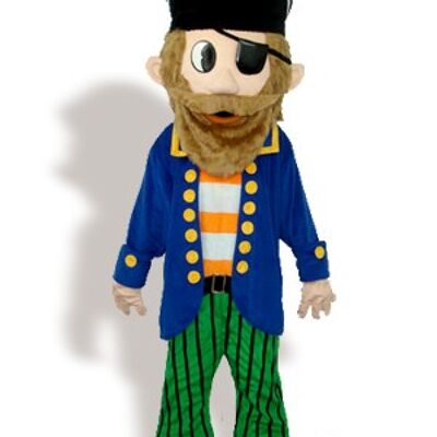 Fireman spotsound Mascot Costume with blue jacket, hat and yellow trousers .